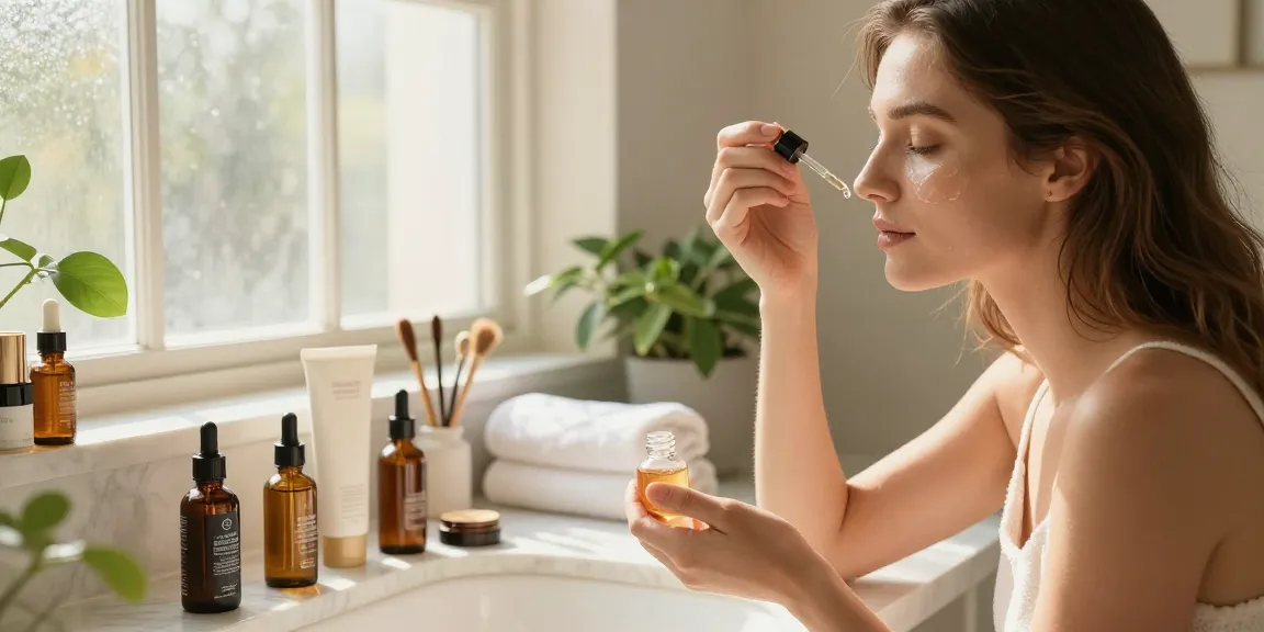 Aplicarea unui ser pentru față într-o baie luminoasă, cu produse de frumusețe, lumină caldă și o atmosferă liniștită concentrată pe ser fata.