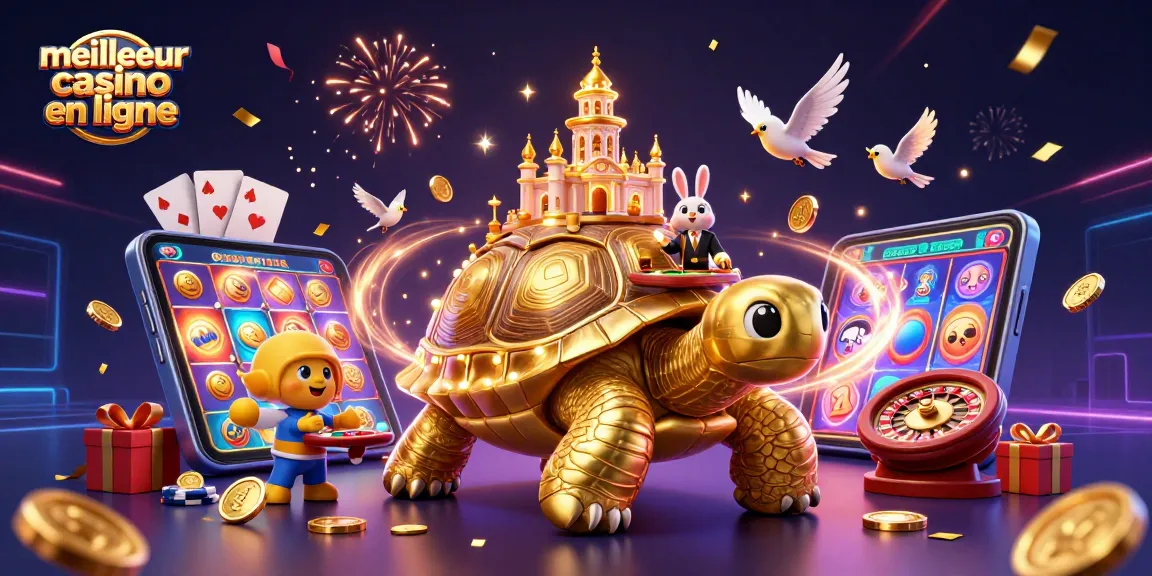 Meilleur casino en ligne illustré avec une tortue dorée géante portant un casino et un croupier lapin.