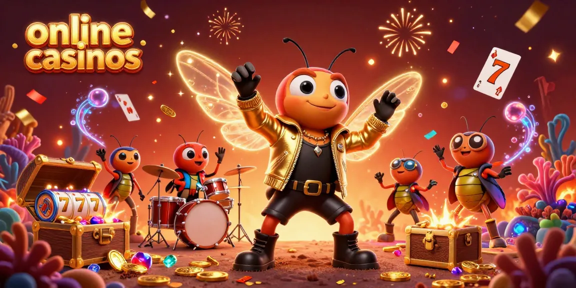 Experience the thrill of online casinos with a lively 3D illustration of a cicada rockstar and dynamic game elements.