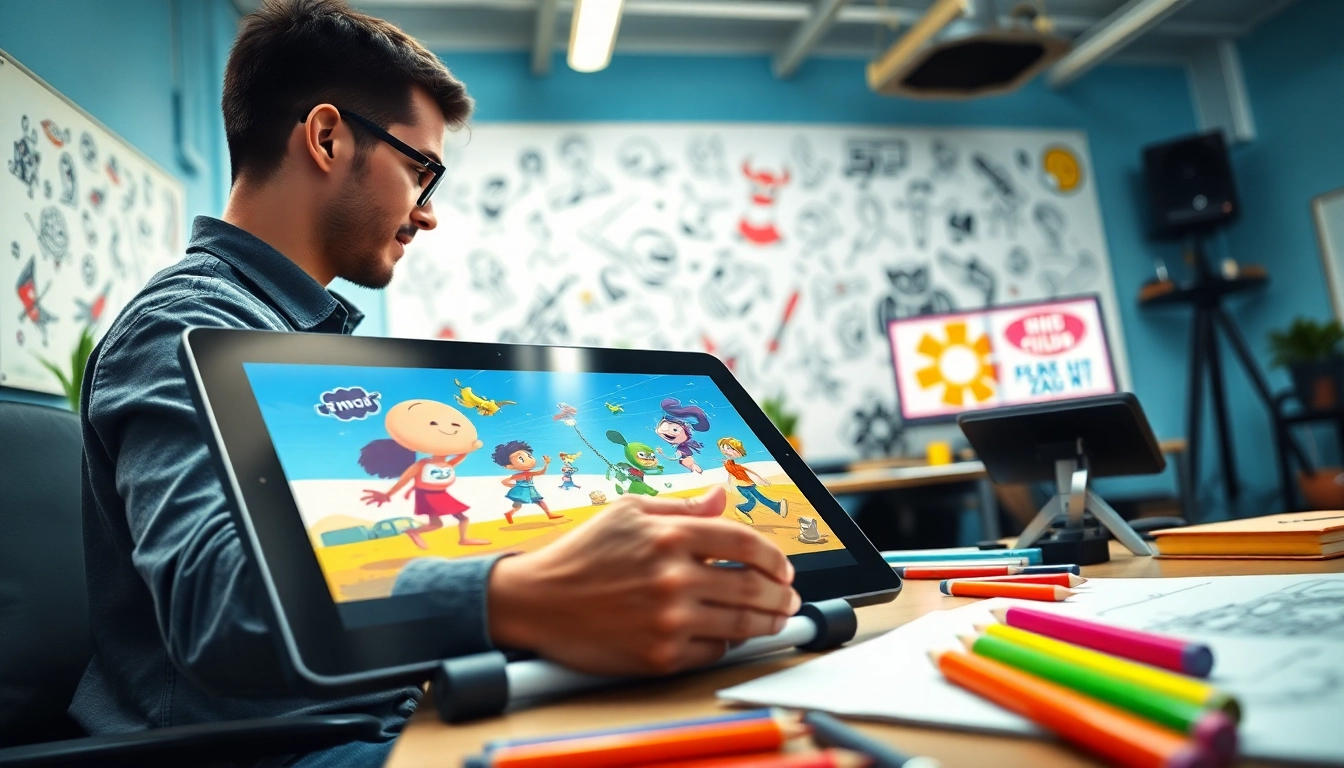 2D Animation professionals collaborating in a vibrant studio filled with creative tools.
