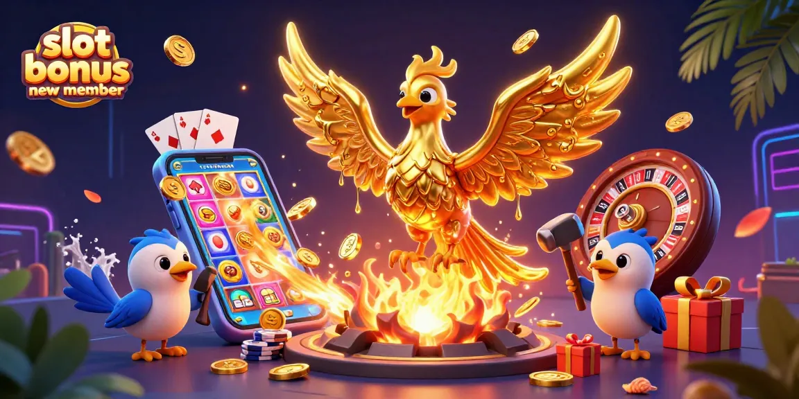 Engage with a vibrant scene showcasing the slot bonus new member in a 3D casino world filled with animated coins and game elements.