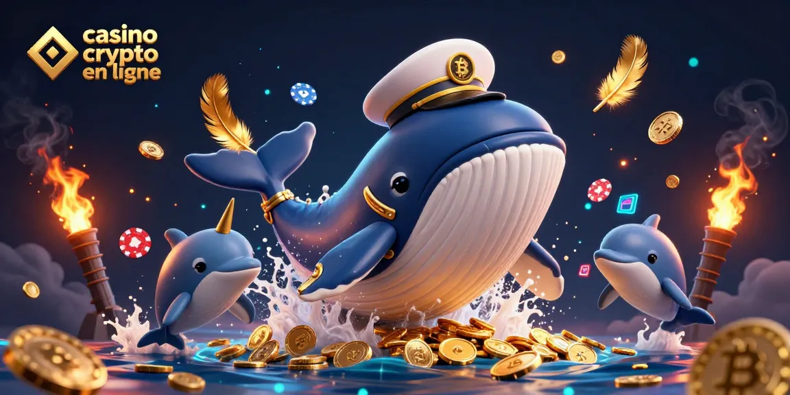 Jouez sur un casino crypto en ligne vibrant avec une baleine 3D, un narval, et des dauphins, entourés de pièces de Bitcoin.