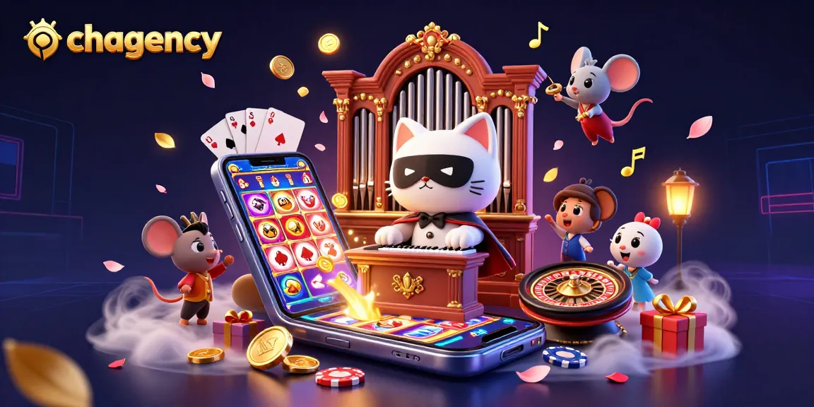 Engage with chagency's exclusive 3D casino illustration featuring a whimsical scene of a cat and mouse showcasing exhilarating slot gameplay.