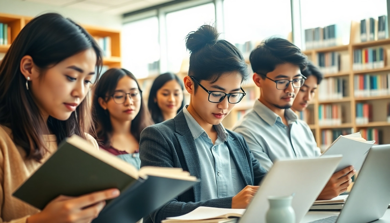 Engaged TOEIC test takers for hire studying in a modern environment.