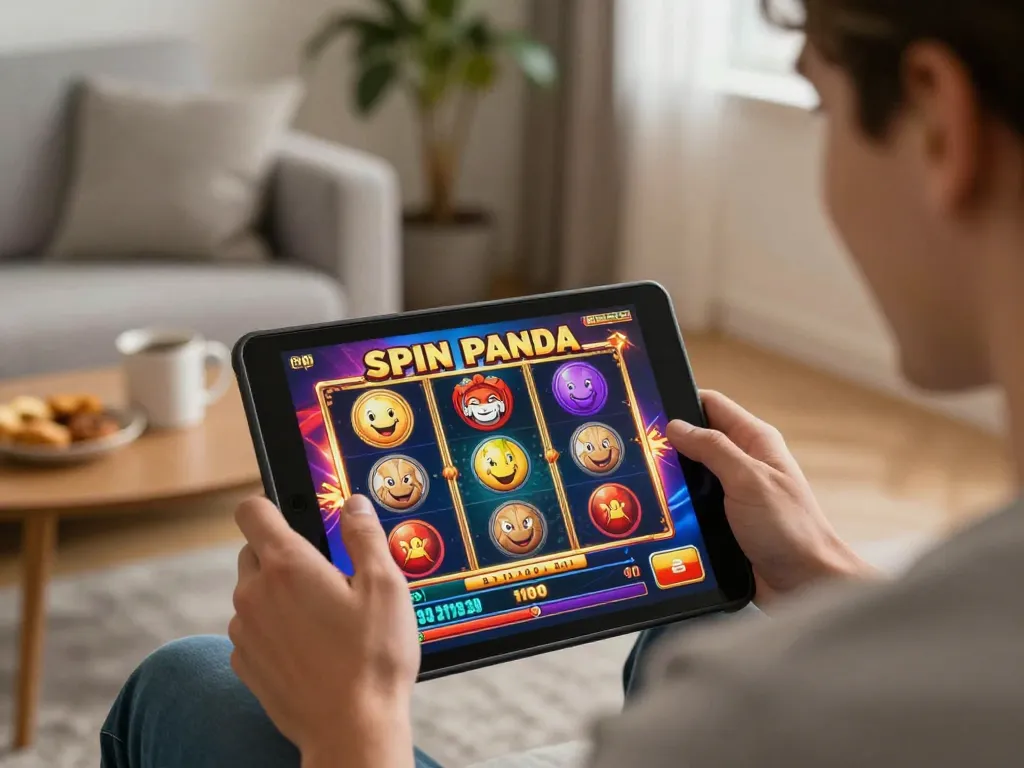 Engaging gameplay on spin panda casino slots showcased on a tablet in a cozy home setting