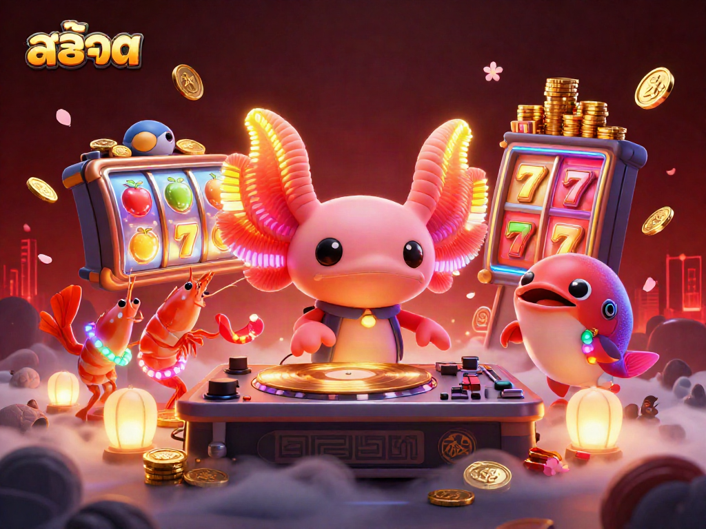 Spin the reels of สล็อต with vibrant neon characters celebrating jackpot wins in an underwater casino scene.