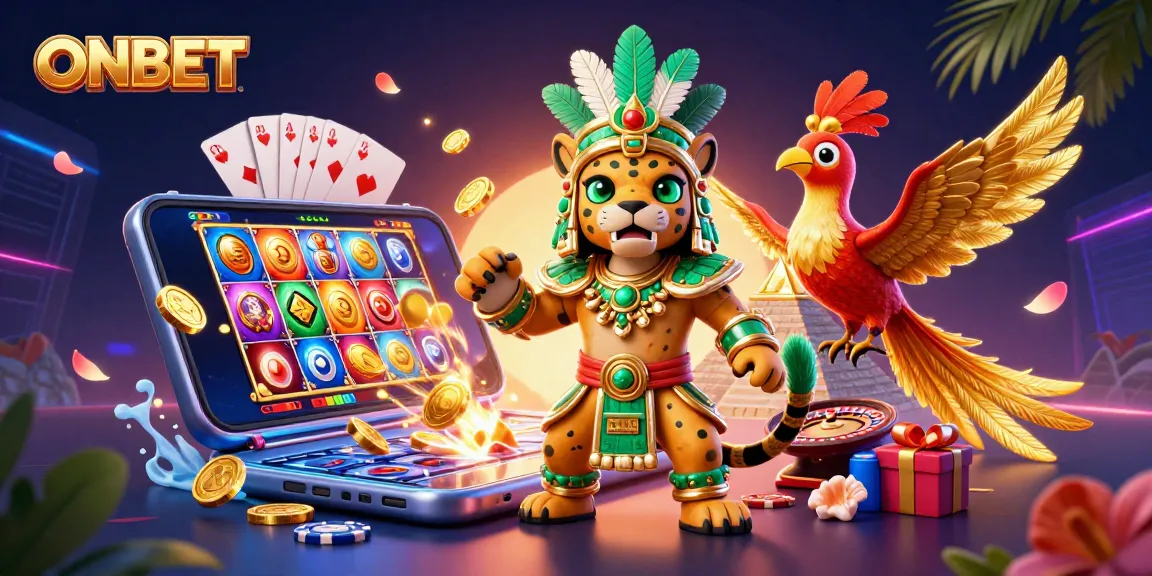 Experience thrilling gaming at ONBET with a vibrant casino atmosphere featuring colorful slot games and dynamic characters.