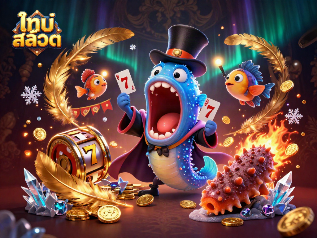 Experience thrilling gameplay with ไทย สล็อต as a deep-sea eel performs card tricks in a vibrant casino scene.