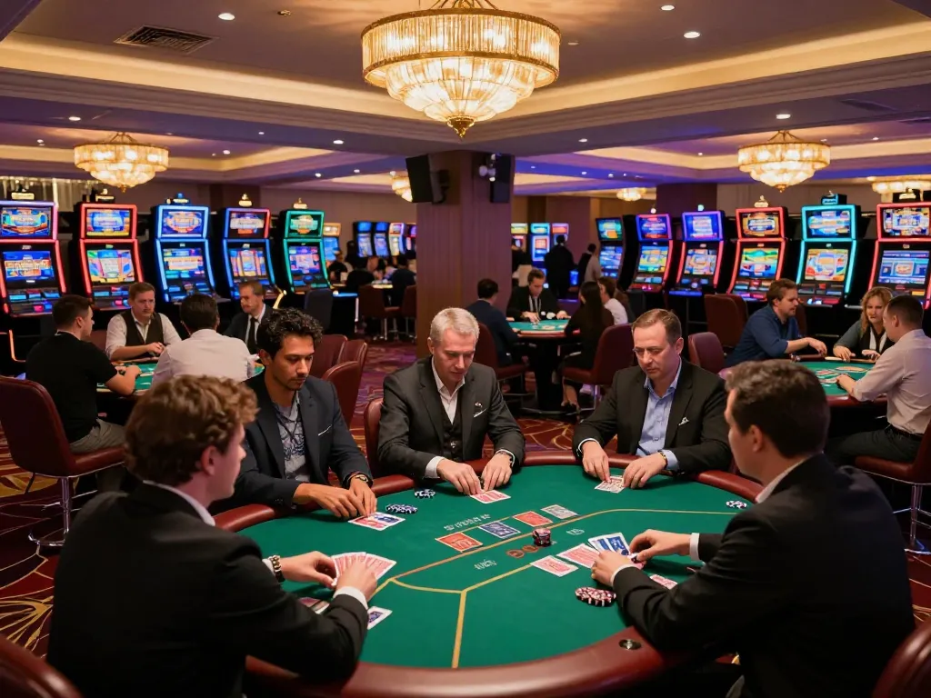 Players enjoying exciting poker games at SC88 casino while surrounded by vibrant slot machines and ambient lighting