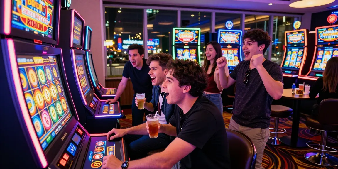 Friends enjoying a gaming night at a casino with rokok88 slot login featuring vibrant lights and a lively atmosphere.