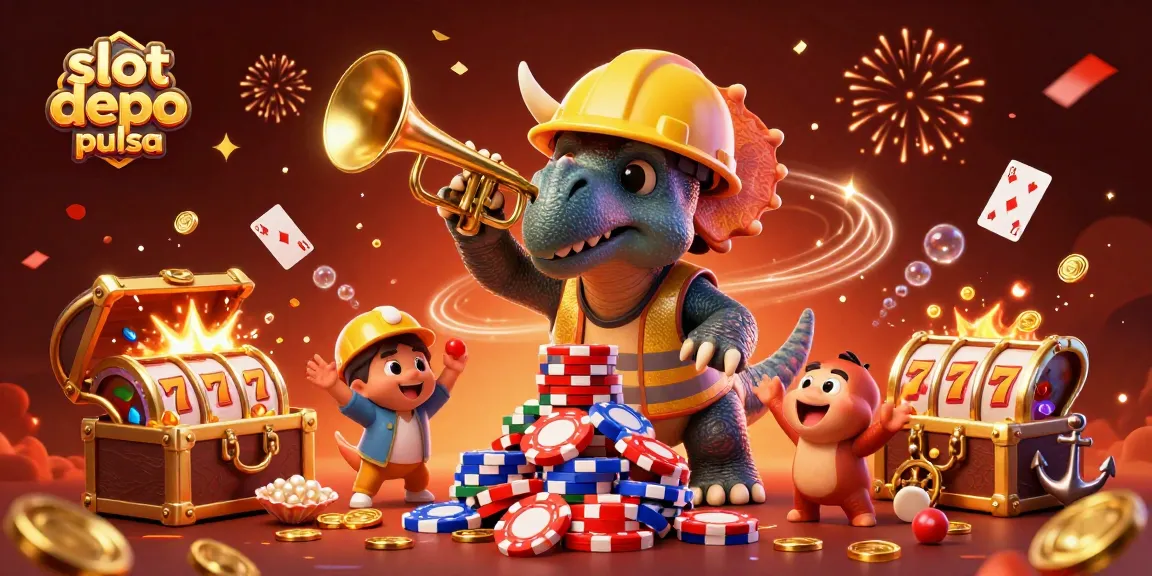 Slot depo pulsa menampilkan triceratops membangun tumpukan chip poker dikelilingi berbagai elemen kasino.