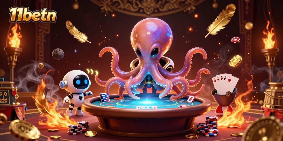 11betn alien octopus running a poker table in a vibrant cosmic casino scene