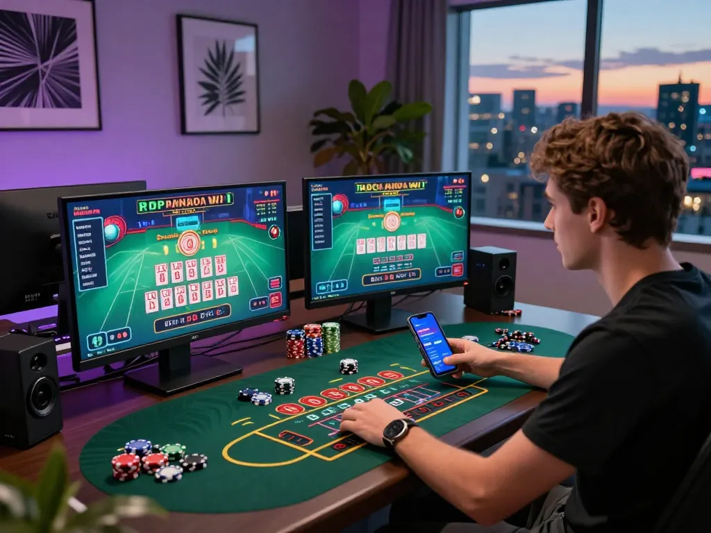 Online baccarat player engaging with a live baccarat game on multiple screens in a modern gaming setup, showcasing the excitement of 바카라사이트.