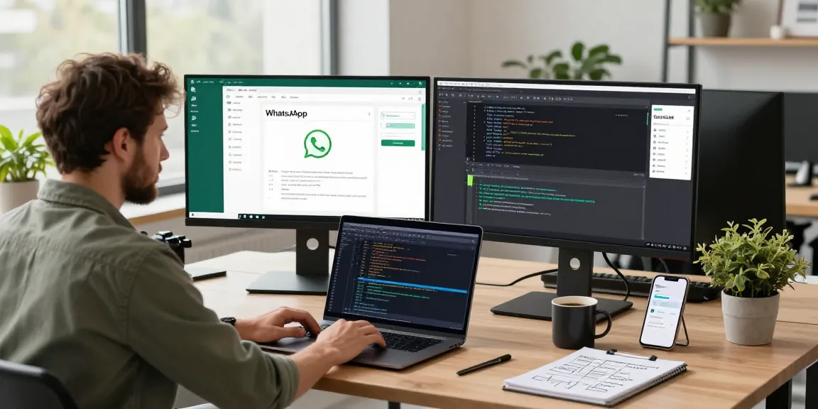Developer coding WhatsApp電腦版 on dual monitors in a modern workspace