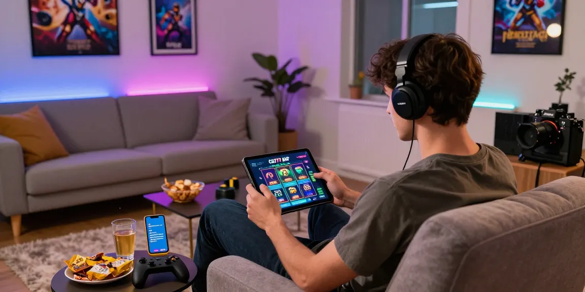 Pengguna sedang menikmati slot gacor di CR777 menggunakan tablet, suasana santai di ruang tamu dengan pencahayaan LED.