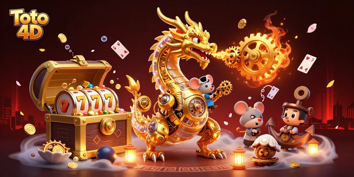 Toto 4D: Experience thrilling gameplay as a golden dragon breathes gears amidst an exciting casino scene.