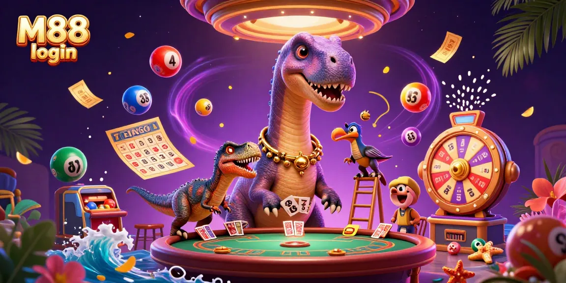 M88 login to join a vibrant online casino scene featuring a playful brontosaurus and clever raptor.