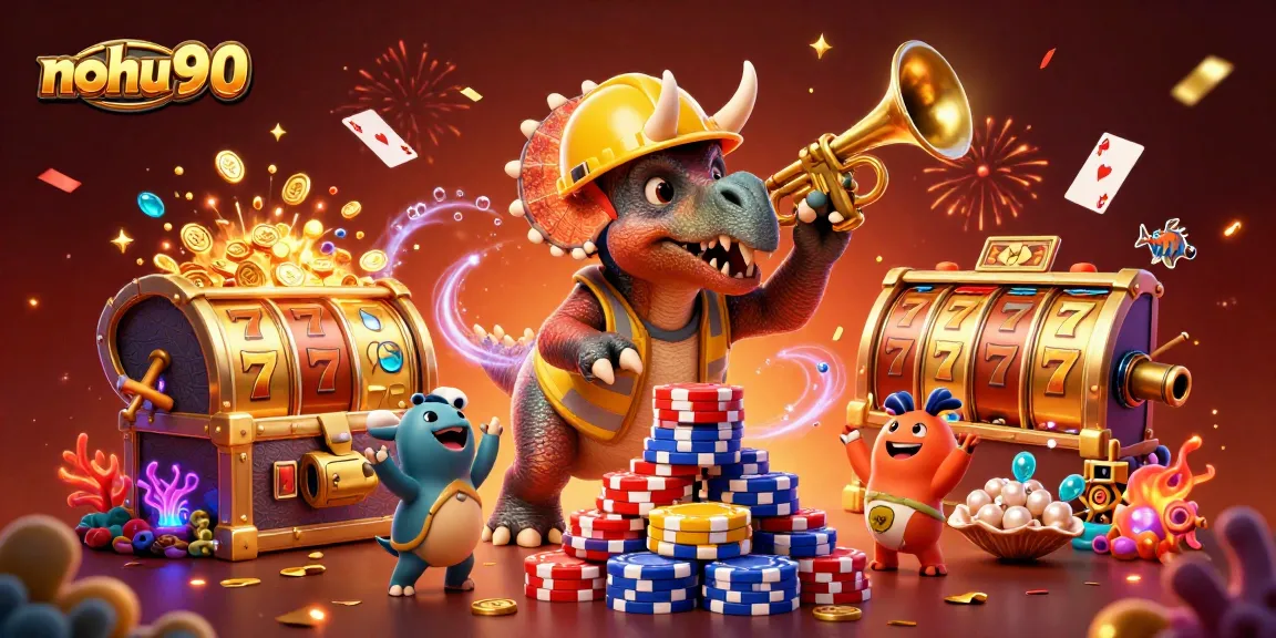 Nohu90 casino celebration with triceratops building poker chips, vibrant slot reels surrounding