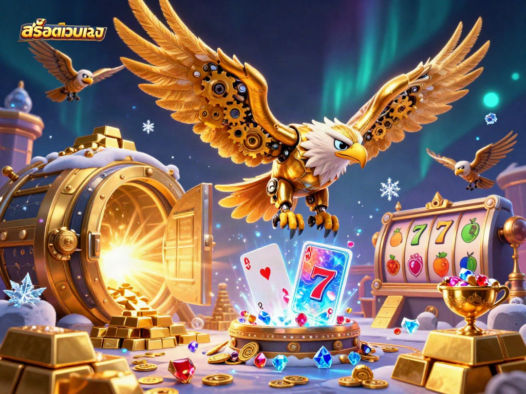 Engage in thrilling gameplay with สล็อตเว็บตรง featuring 3D cartoon eagle amidst slot elements and treasure.