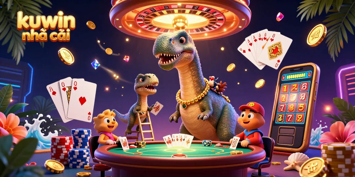 Engage in the thrilling kuwin nhà cái experience with vibrant casino scene featuring a towering brontosaurus and dynamic gameplay.