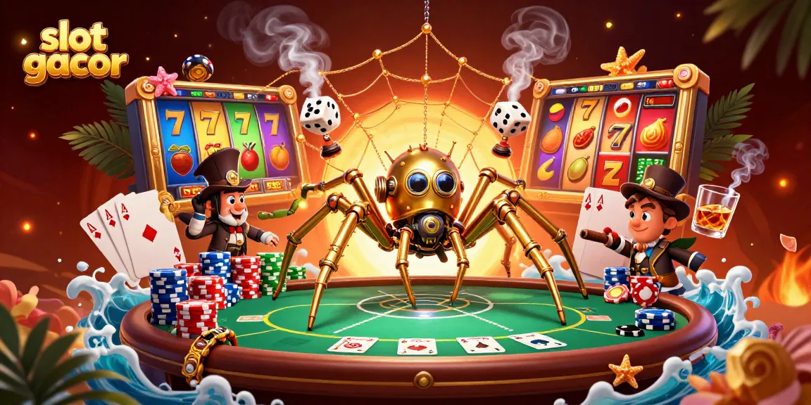Experience the thrill of slot gacor in this dynamic casino illustration featuring vibrant slot reels and poker elements.