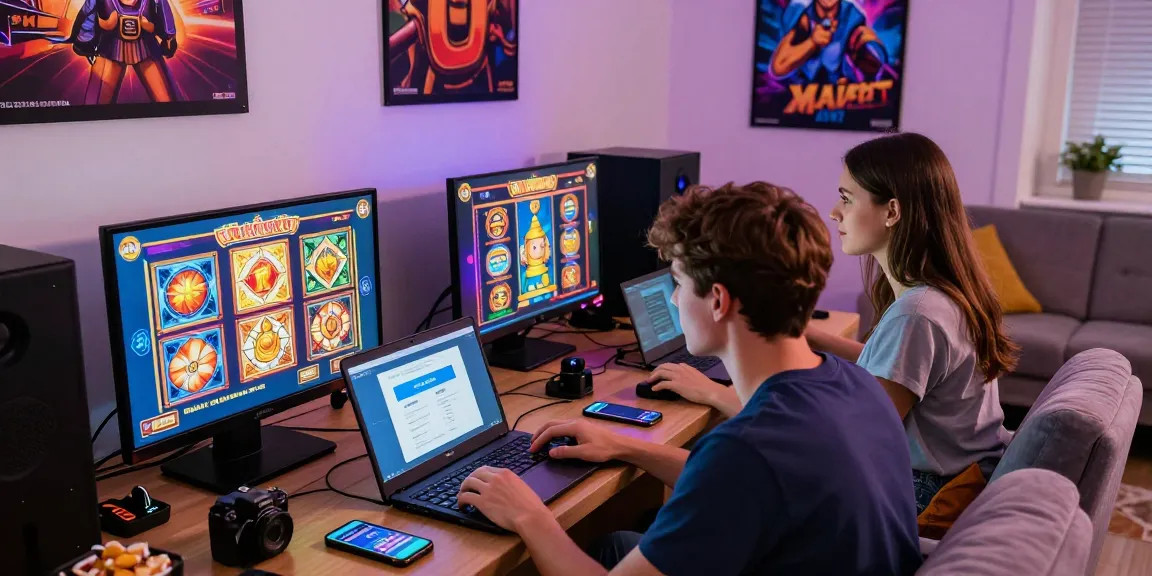 Exciting gaming session featuring slot deposit pulsa on laptops in a vibrant home setup.