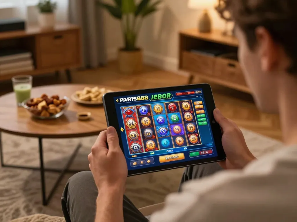 Player engaging with the Paris888 online casino app showcasing vibrant game options in a cozy home setting
