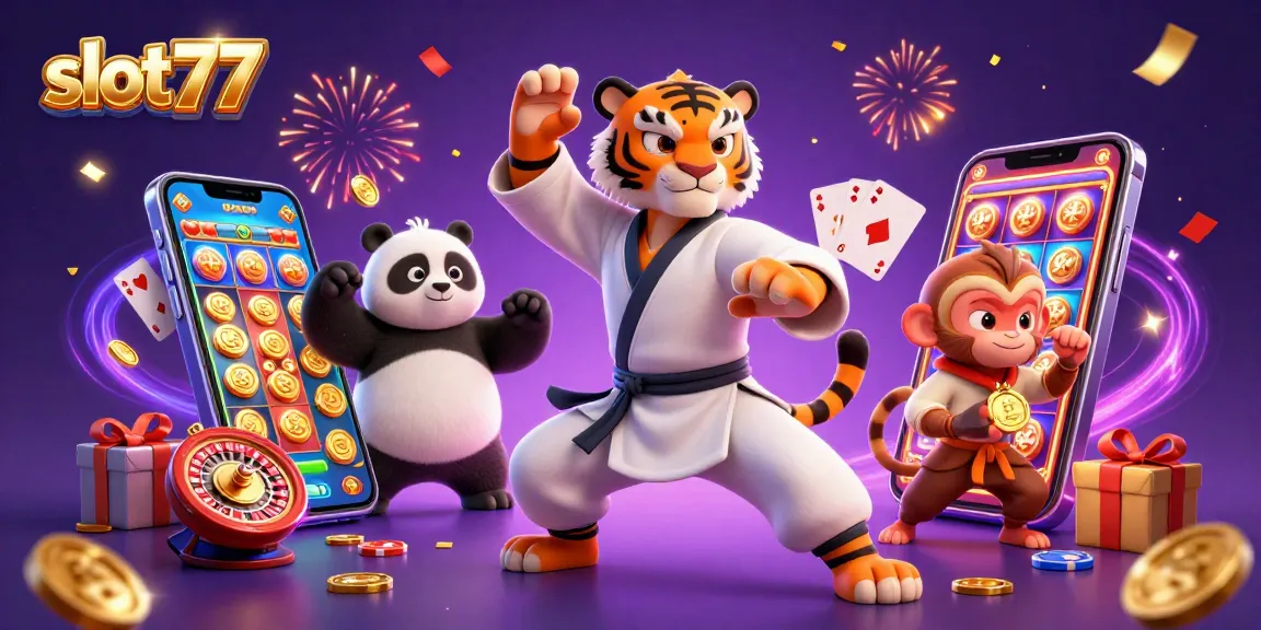 Spin the reels and win with slot77 in this vibrant casino scene featuring animated characters and game elements.