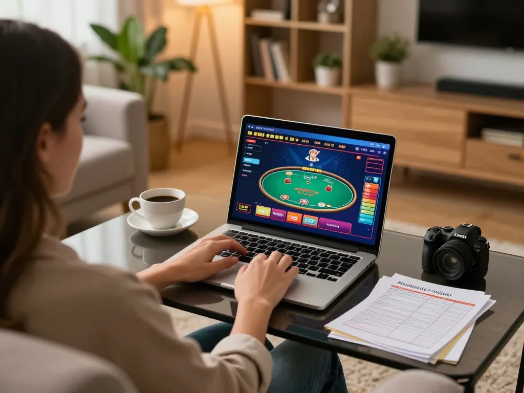 Person enjoying online poker at home with LV88 platform on laptop, showcasing a cozy gaming setup.