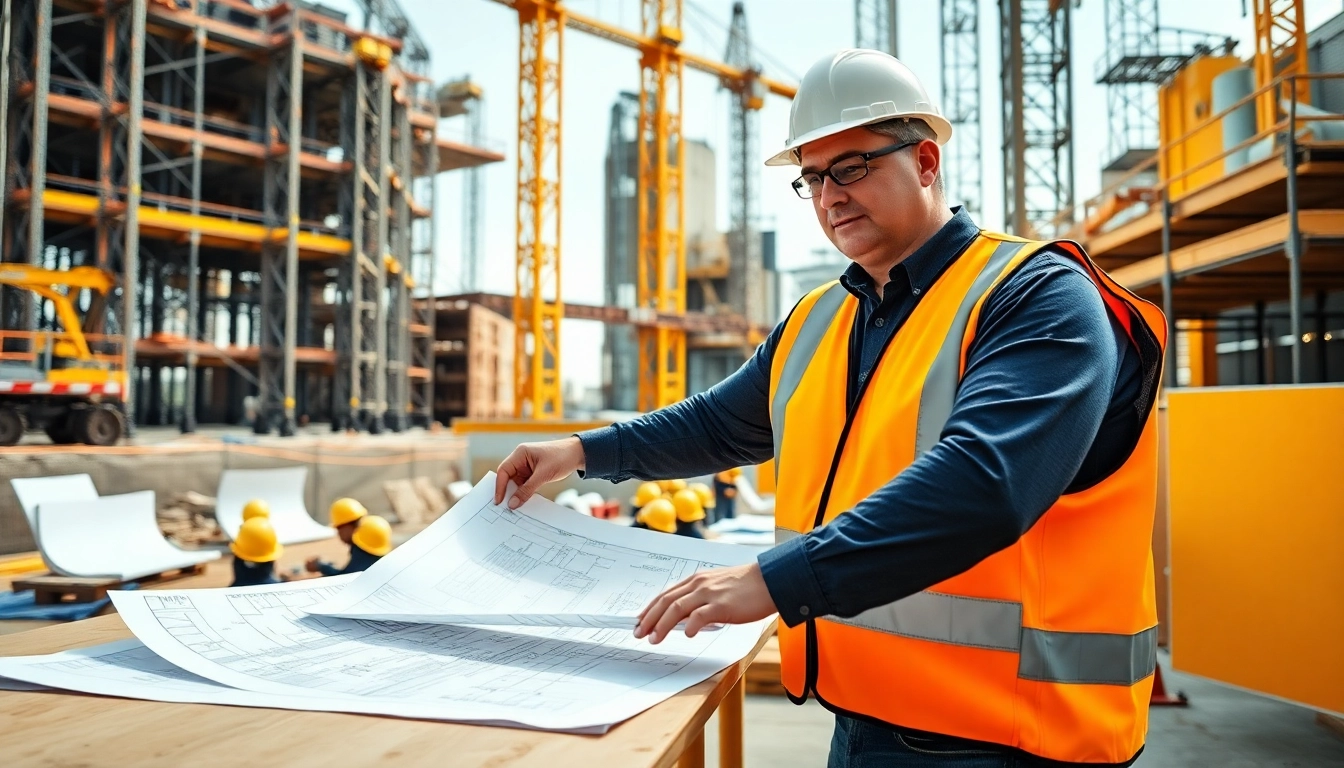 New York Construction Manager evaluating project plans on site with workers in action.