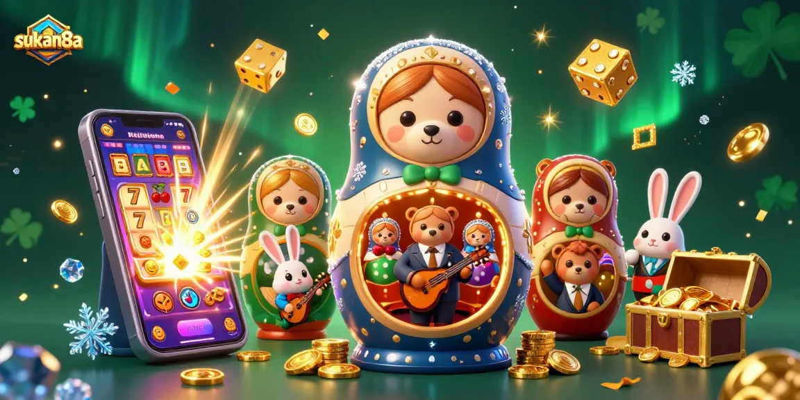 sukan8a showcases a vibrant casino scene with Matryoshka bears and a jackpot explosion of coins and symbols