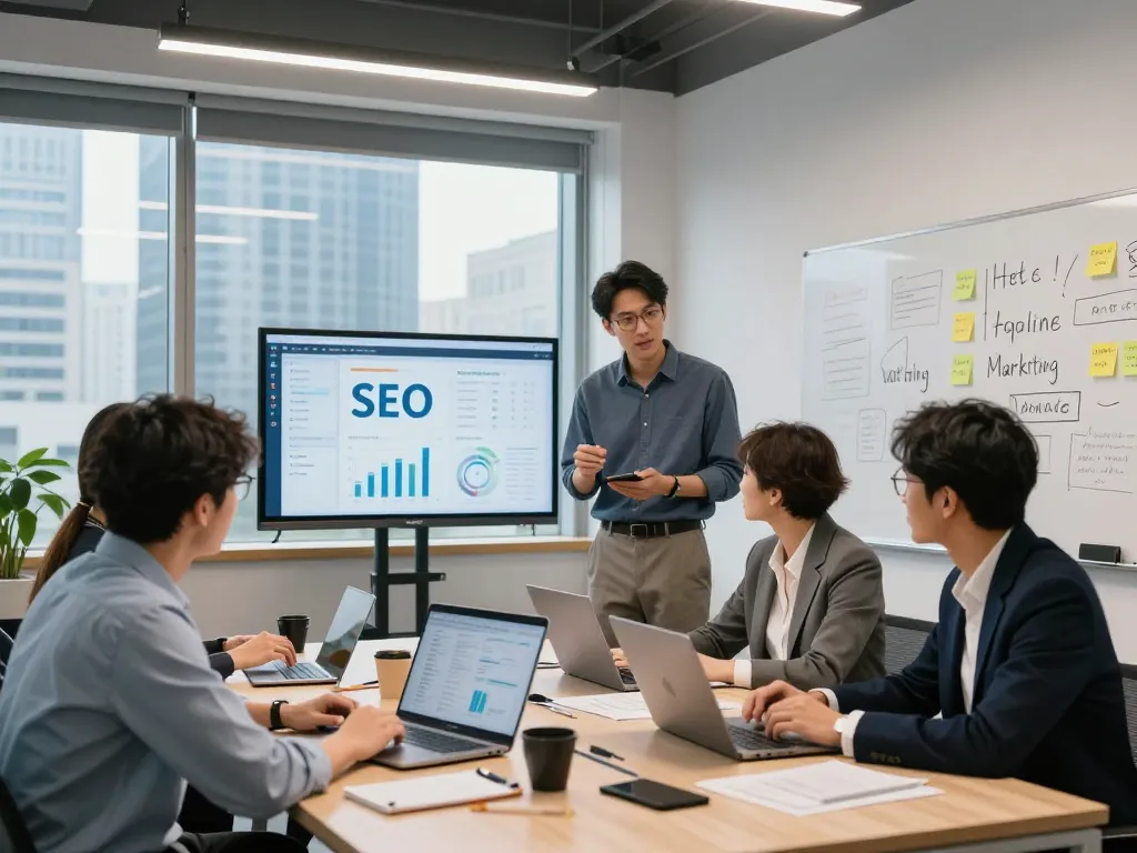 SEO Company in NYC team strategizing digital marketing techniques in a modern office setting.