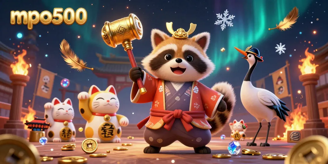 Engage winning opportunities with mpo500's vibrant casino scene featuring fortune cats and festive characters.