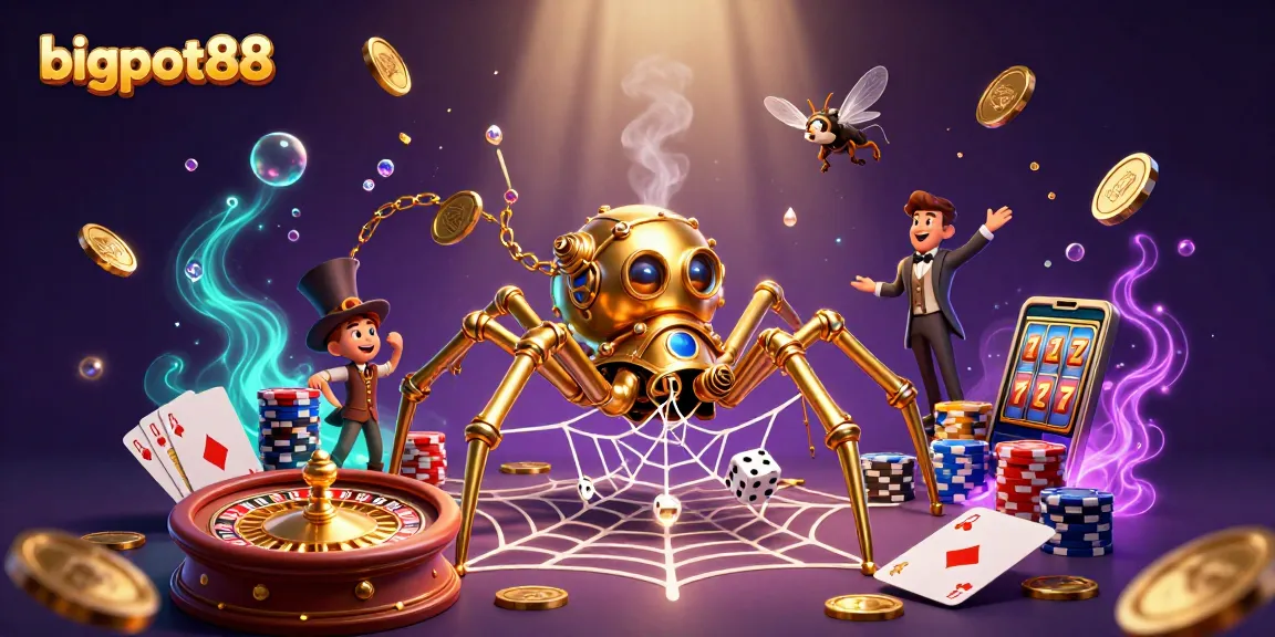 Experience seamless gaming at bigpot88 with a steampunk spider catching dice and golden elements.