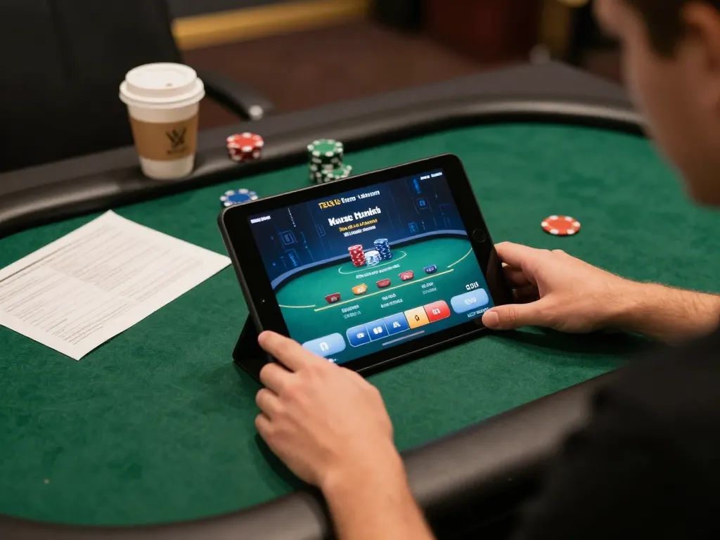 Engaging in an online sc888 poker game with strategic notes at hand, showcasing focused gameplay.