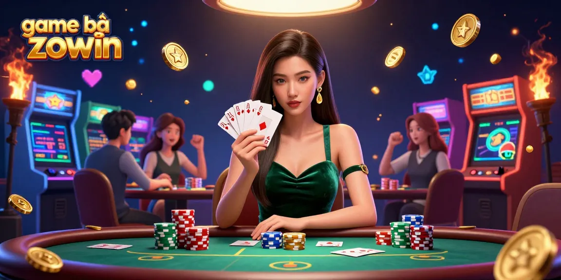 Experience thrilling gameplay at game bài zowin with an elegant woman mastering poker at a vibrant casino table.