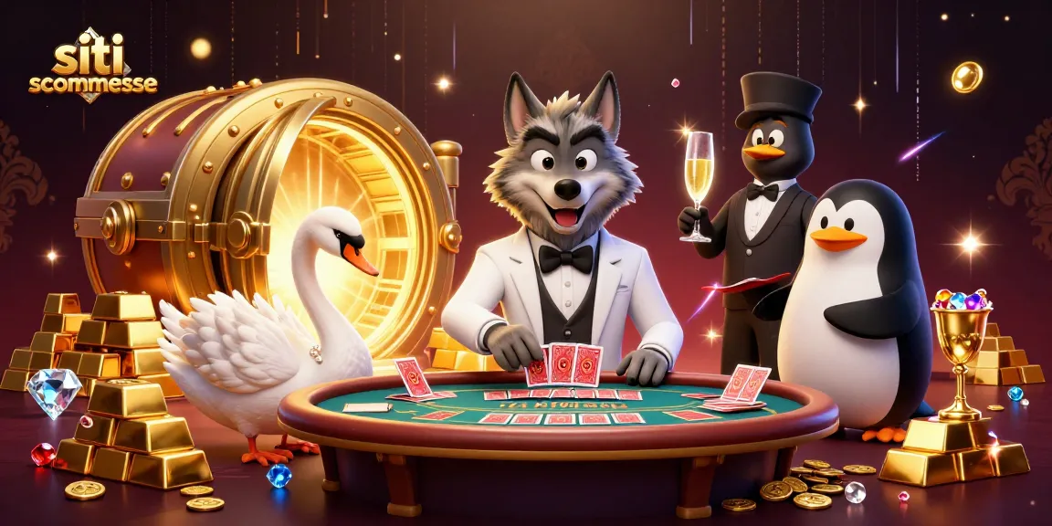 Scopri i migliori siti di scommesse con l'illustrazione 3D di un lupo elegante al tavolo del baccarat.