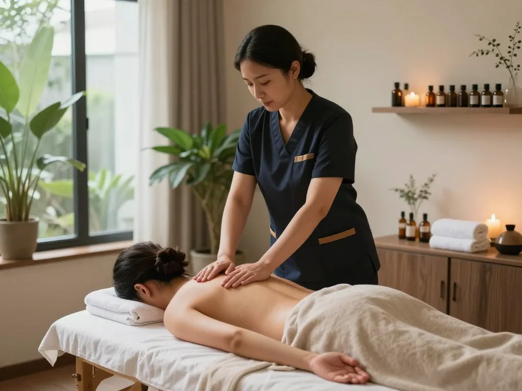 아로마 테라피 요소가 있는 평화로운 환경에서 전문 치료사가 제공하는 편안한 스웨디시 마사지, 강남스웨디시 서비스를 보여줍니다.