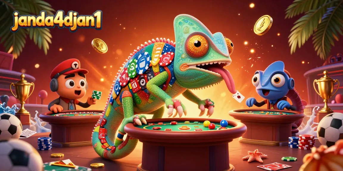 Ikon janda4djan1 menampilkan chameleon kasino bertema olahraga menarik dengan elemen taruhan yang dinamis.