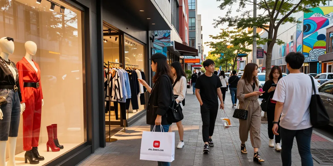 Fashionable individual shopping at shs-dome5.com in a vibrant urban setting.
