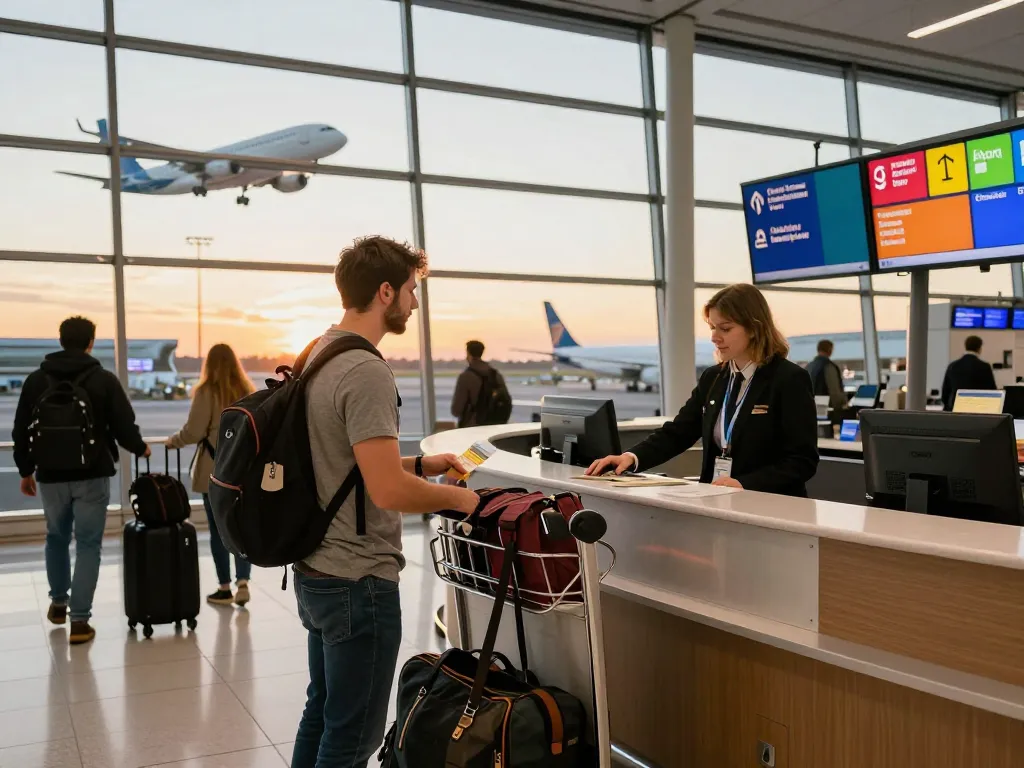 Travel scene at Halifax Airport preparing for the journey from Halifax to Edinburgh Airport.