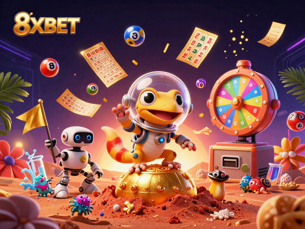 Experience thrilling gaming with 8XBET's vibrant lottery elements and alien adventures in a dynamic casino scene.