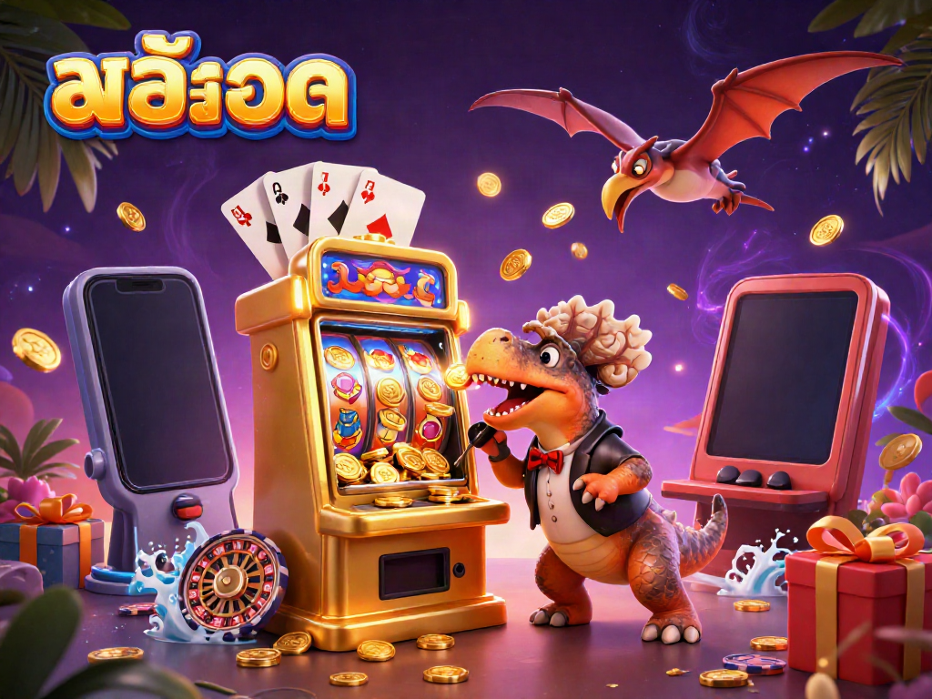Experience winning excitement with สล็อต as a pachycephalosaurus hits a golden slot machine amidst flying coins.