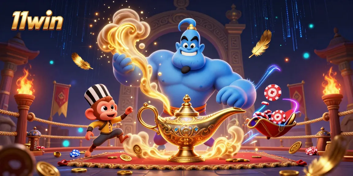 Experience thrilling action at 11win with a colorful 3D casino scene featuring a genie and poker chips.