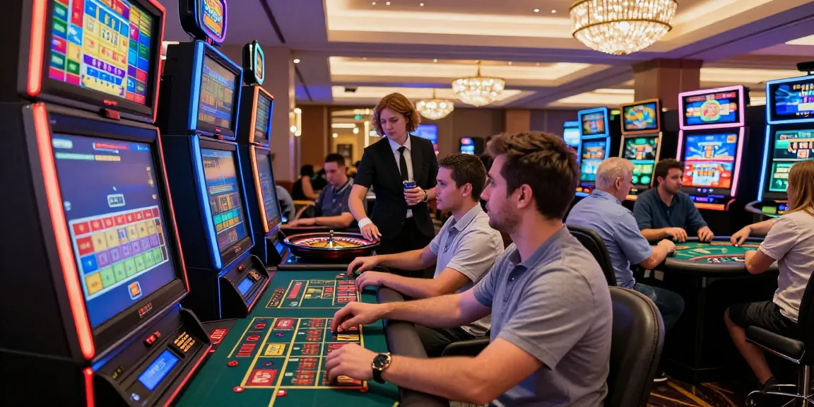 Players enjoying the vibrant atmosphere of a credit card casino, with slot machines and poker tables visible.