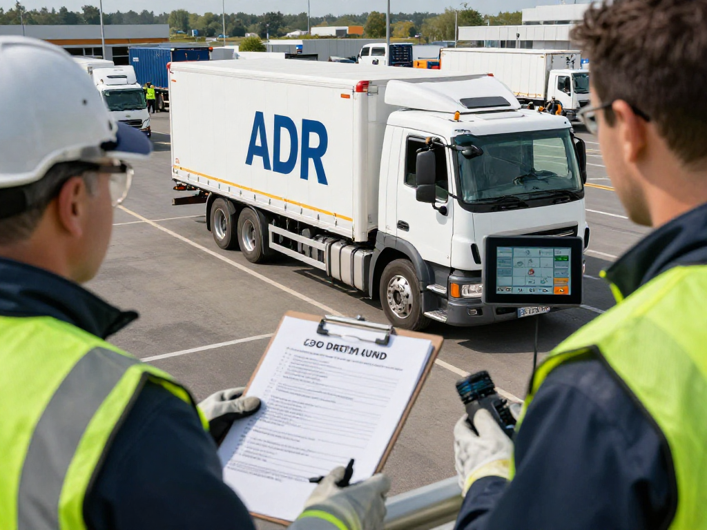 ADR Transport Dortmund: professioneller Fahrer koordiniert Gefahrguttransport in modernem Logistikzentrum.