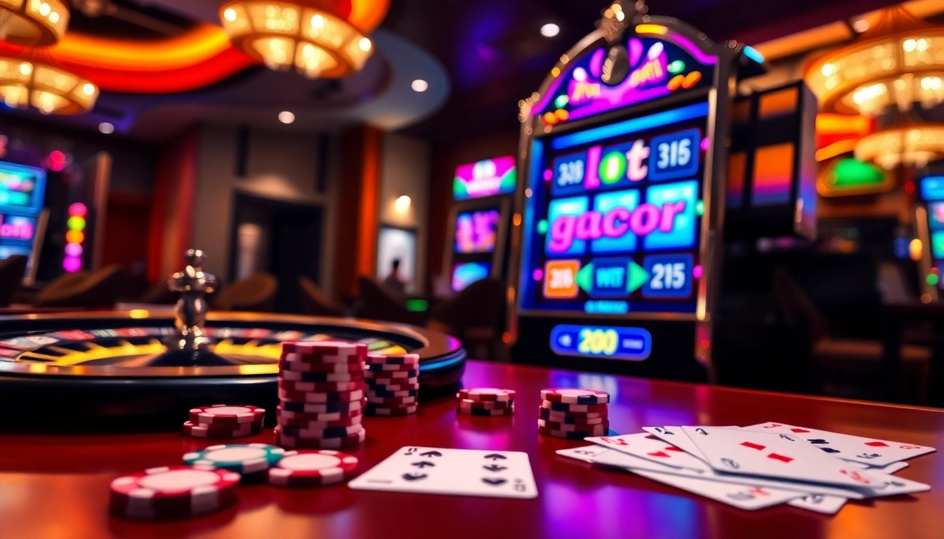 Action-packed slot gacor scene with glowing machines and vibrant casino atmosphere.