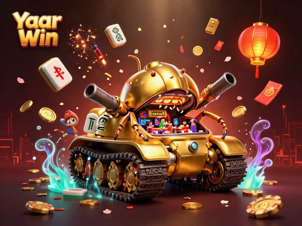 Experience Yaar Win with a vibrant 3D tank casino, golden coins, and festive game elements.
