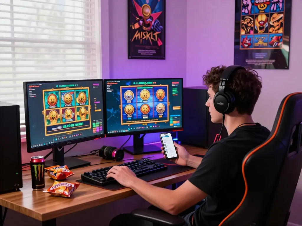 Gamer yang terlibat menikmati permainan slot link gacor yang menarik dalam pengaturan rumah yang cerah.
