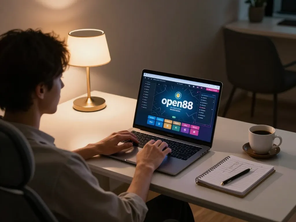Player engaging in open88 online gaming, analyzing strategies in a cozy setup with laptop and notes